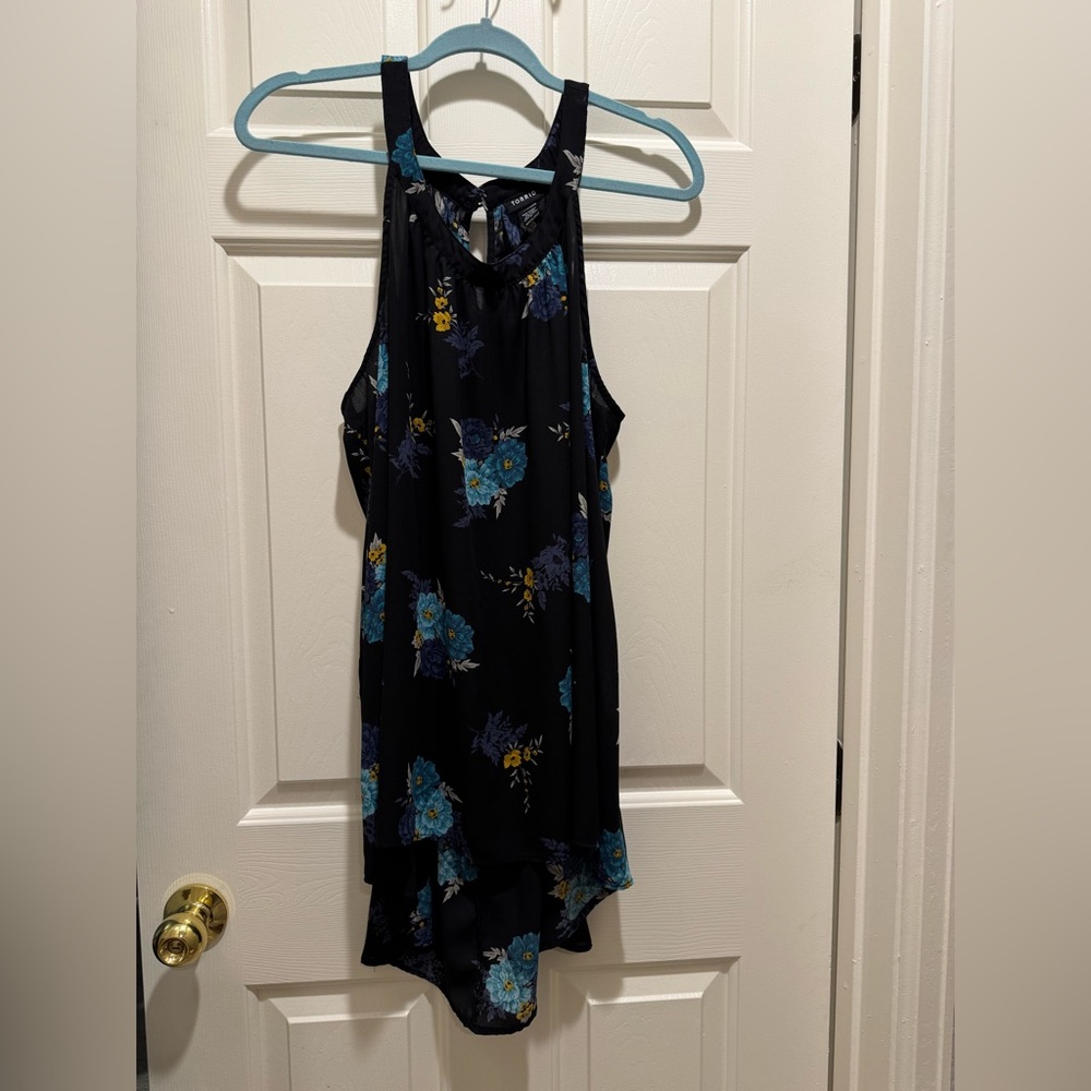 Torrid Black Blouse with Blue Floral Accents